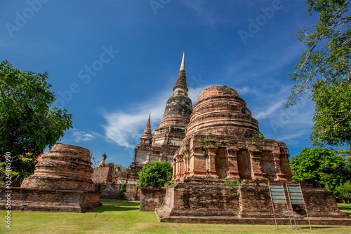 Background of ancient sculptures of the chedi in Wat Yai Chai Mongkol, Ayutthaya, Thailand, which is worth preserving for future generations to study its history.