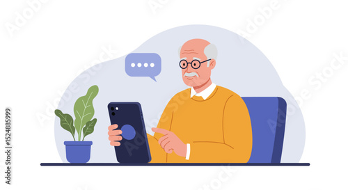 Elderly Person on Video Call – Cozy Living Room Scene with Smartphone Interface