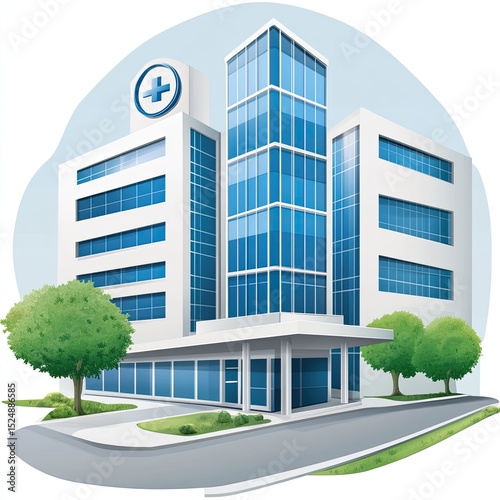 Modern medical facility with multiple buildings, entrance, and landscaping