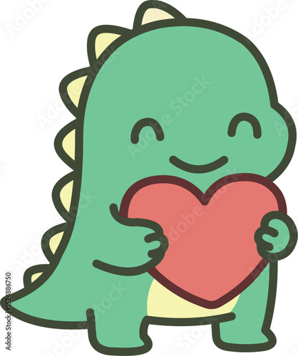 Happy Cute Green Dinosaur Holding or Hugging a Big Red Heart, Expressing Love and Kindness