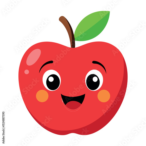 Smiling Red Apple Cartoon Illustration With Eyes, Mouth, Cheeks, Stem and Green Leaf