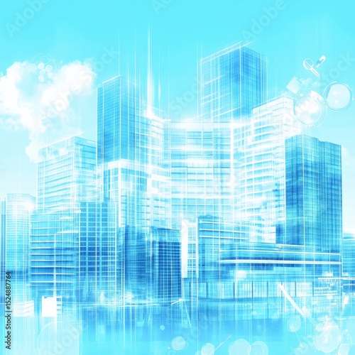 A stylized cityscape, rendered in translucent blues, evokes a sense of modern urban dynamism and technological advancement