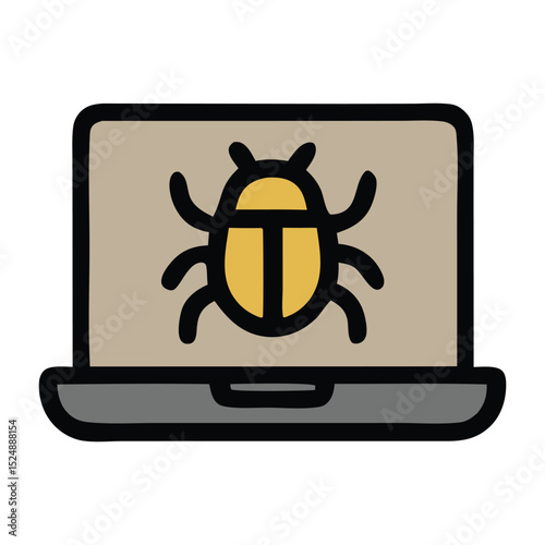 Cyber attack icon. A bug on a laptop screen symbolizing a computer virus, malware, software bug, and cyber security threat. Flat outline vector illustration.
