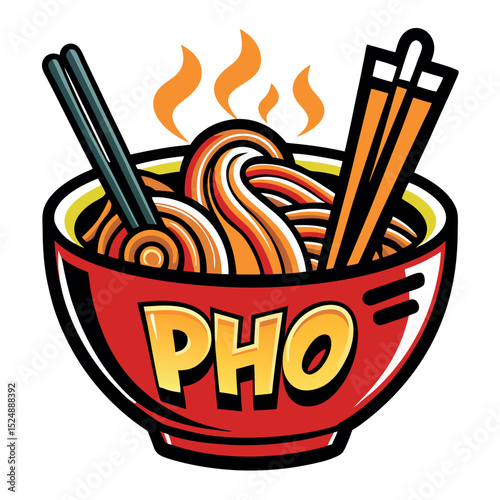 Steaming Cartoon Pho Bowl with Chopsticks Illustration Delicious Asian Noodle Soup