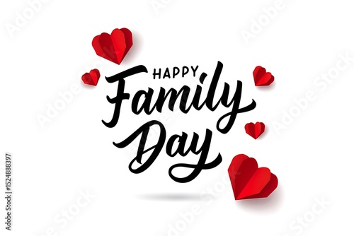 Happy family day calligraphy with red hearts on white