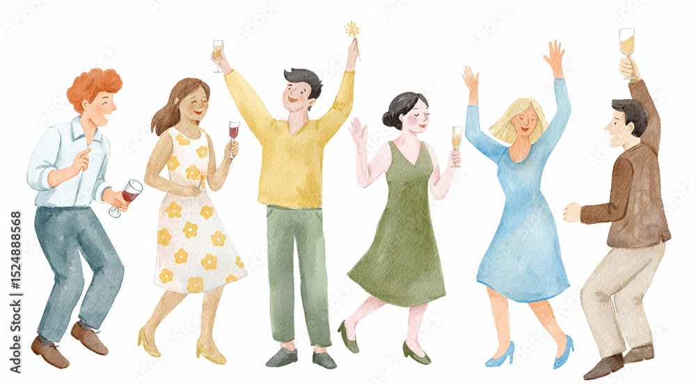 Obraz premium Watercolor hand drawn illustration of happy people dancing and celebrating with drinks. Perfect for party, holiday, or festive themes.