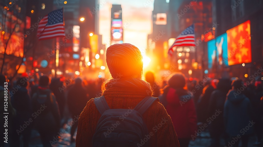 Fototapeta premium Citizens Celebrating with American Flags in Parade High Resolution Picture