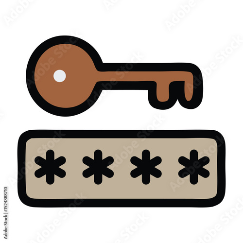 Password encryption icon. A key with a password field, symbolizing cyber security, secure login, authentication, and data protection. Flat outline vector.