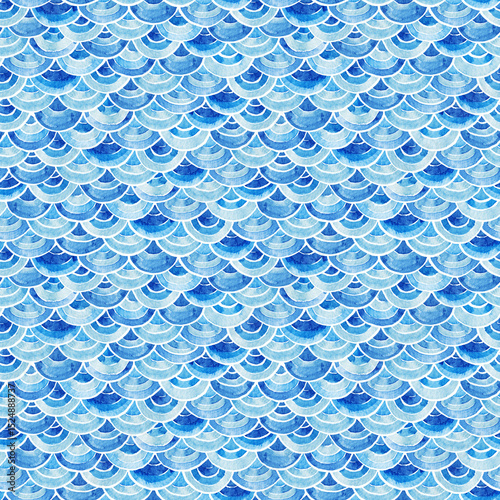 Abstract wallpaper with scales. Blue half-circular pattern. Watercolor hand drawn Background and wallpaper red design style.
