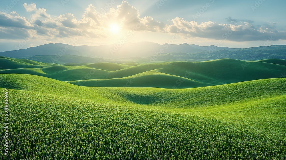 Fototapeta premium Serene Sunrise Over Green Rolling Hills with Mist and Distant Mountains Under Clear Blue Sky