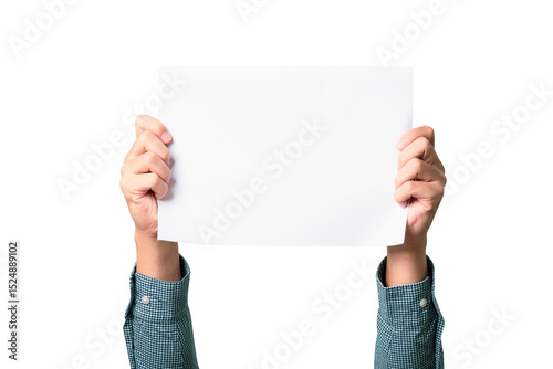 Isolated of businessman holding a white A4 sheet paper on white background for add any text concept.
