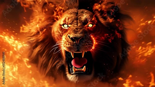 Lion Roaring Amidst a Fiery Blaze