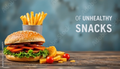 create an image that depicts unhealthy snack options such as fast food and junk snacks, with a clear focus on the negative impact they can have on health when consumed regularly