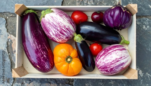 Vibrant eggplants and tomatoes of various shapes and colors rest in a wooden crate, showcasing the diversity of these garden vegetables