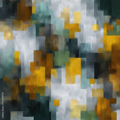 Abstract artwork featuring muted golds, blues, and grays in a pixelated style