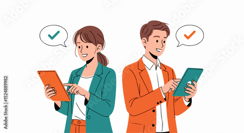 Modern vector illustration featuring two young adults with light skin tones interacting with digital tablets.