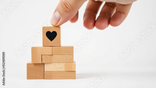 A hand places a wooden block with a heart symbol on top of stacked blocks, representing growth, love, achievement, and personal or business success.