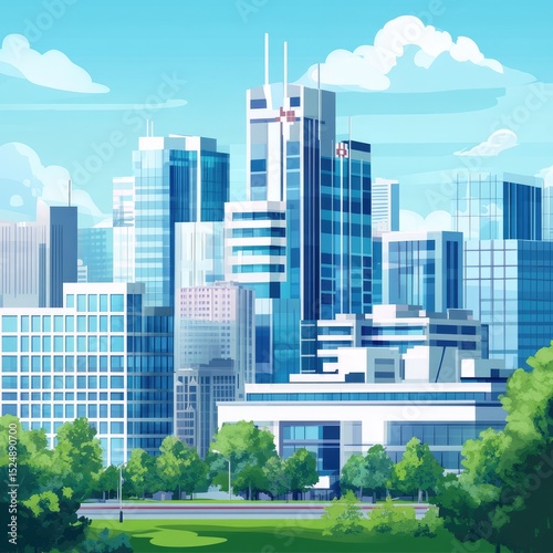 Vibrant cityscape with modern skyscrapers and green spaces