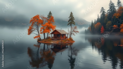 Cozy cabin on a small island in a tranquil lake, surrounded by vibrant fall trees