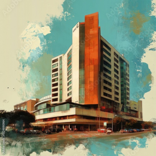 A stylized painting of a modern, multi-story building with an orange accent wall, situated on a city street