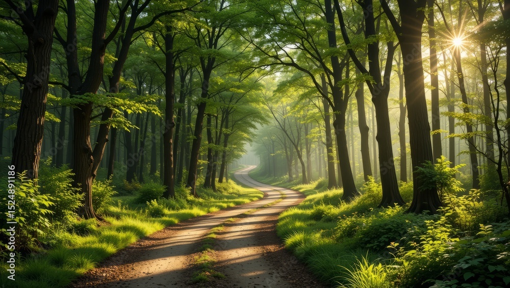 Fototapeta premium Serene Forest Path with Sunlight Filtering Through Trees