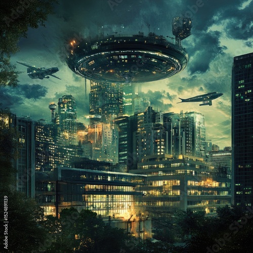 Futuristic city under a hovering spacecraft, aircraft flying, night scene