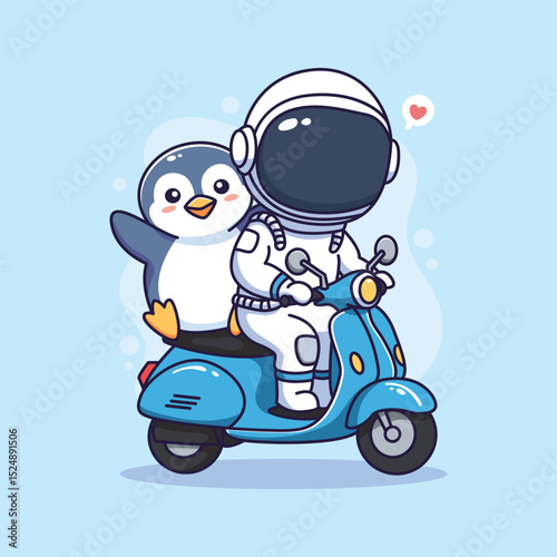 cute cartoon Penguin and astronaut on a scooter. Vector illustration.