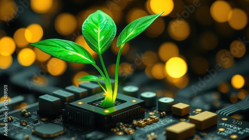 Digital art rendering of green plants growing from computer circuit boards, technology innovation growth concept