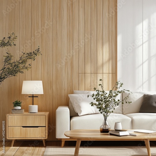 Minimalist living room with light wood walls, a white sofa, and simple decor