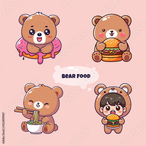 Set of cute cartoon bear character with different food. Vector illustration.