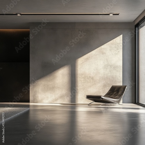 Sunlit minimalist interior with leather chair and concrete wall
