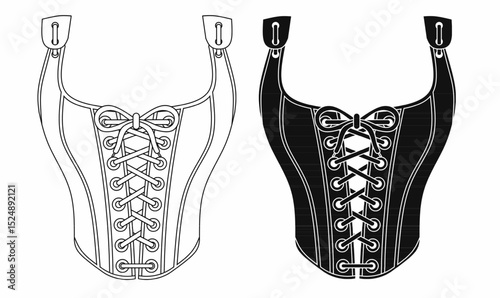 Vector corset top design, front view with lace up detail, shoulder straps, black and white version, fashion illustration for sewing, apparel, or tattoo art.