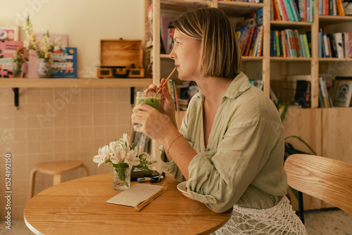 Middle-aged woman scrolls her social media feed on mobile phone in a cozy cafe. Small business. Using phone for business, online shopping, transfer money, financial, internet banking