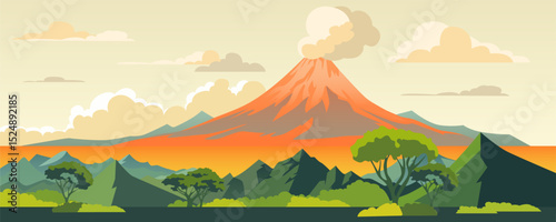 Smoking volcano on the background of beautiful nature. Vector illustration of an active volcano. Mountain landscape with trees, fields and hills on the background of a smoking volcano and clouds.
