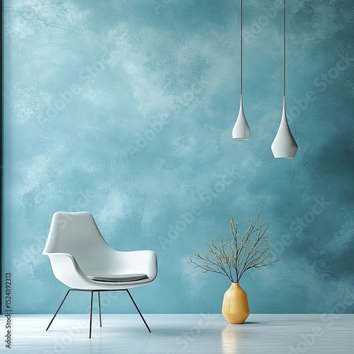 Modern minimalist interior with teal wall, white chair, and simple decor