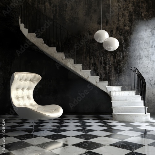 Elegant white chair in a dark, grand hall with a marble staircase and checkered floor