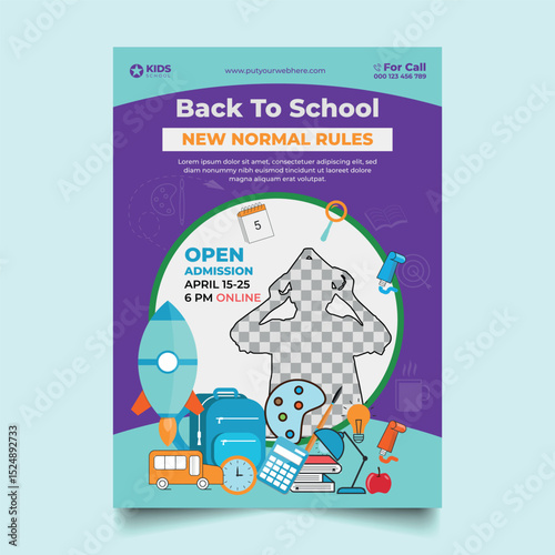 Online Back to School Flyer with New Normal Rules – Education Admission Template for Kids School