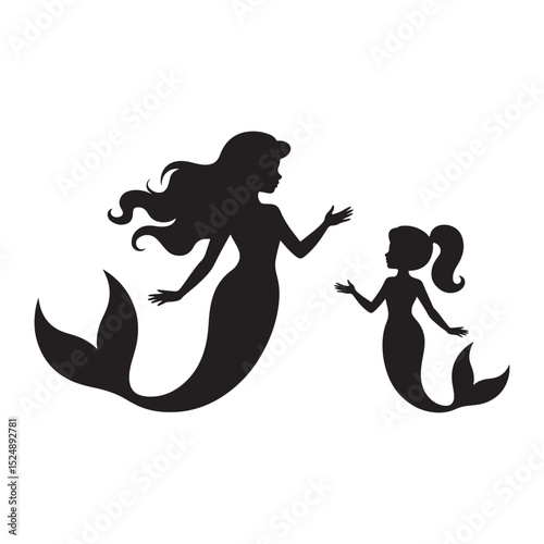 Mother and daughter mermaid silhouettes ocean fantasy