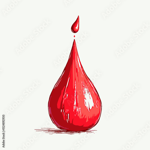 Red droplet of liquid with a glossy finish on a light background  