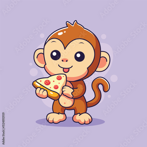 Monkey holding pizza. Cute cartoon character. Vector illustration.