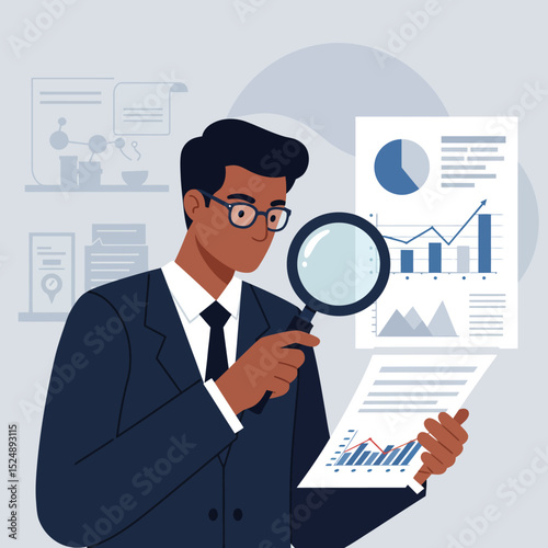 Businessman analyzing financial data with magnifying glass investment analysis and growth concept