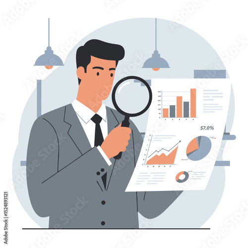 Businessman analyzing data with magnifying glass financial report review illustration