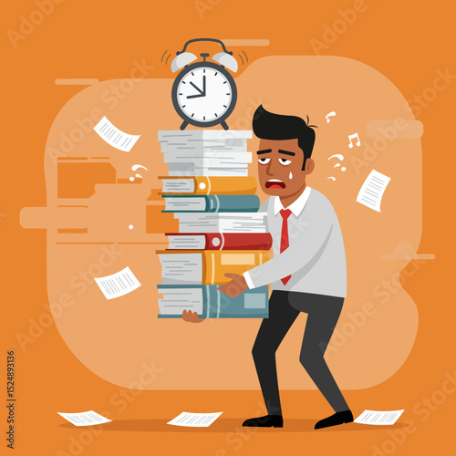 Overworked Businessman Carrying a Large Stack of Books with an Alarm Clock