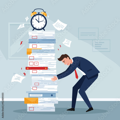 Overwhelmed Businessman Struggling with Huge Paperwork Stack and Approaching Deadline