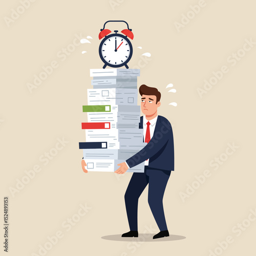 Overworked Businessman Carrying Huge Stack of Paperwork with Alarm Clock on Top