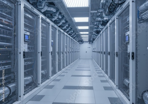 Inside a Modern Data Center Cold Aisle Chilled Air and Server Racks