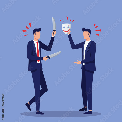 Business betrayal and deception concept with man holding knives and a mask