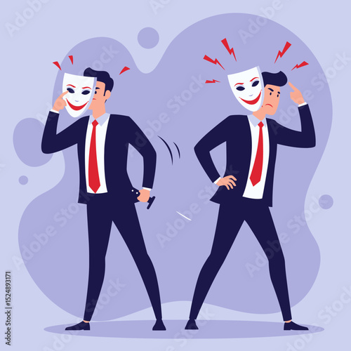 Businessman hiding true intentions wearing a mask and holding a knife behind back