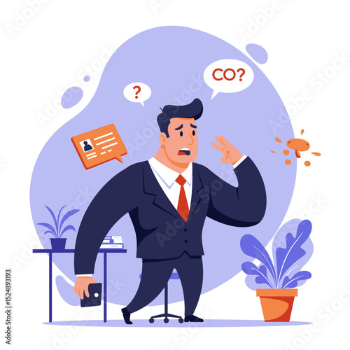 Worried businessman with termination notice and coffee stain job loss concept illustration