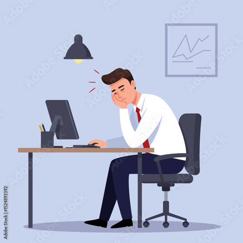 Frustrated Businessman at Desk with Computer Experiencing Burnout and Headache